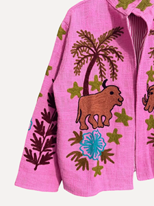 Cárdigan Rosa Bohemio con Estampado Animal Bordado, Cuello Mandarín, Manga Larga, Talla Grande, Ropa Casual de Verano para Mujer - Product Image 4