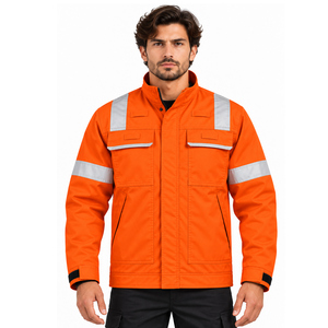 <b>Hi</b> <b>Vis</b> Men's Reflective Work <b>Jacket</b> <b>Orange</b> Polyester Safety Uniform with Silver Stripes for Construction Outdoor Use - Product Image 1