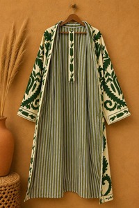 Kimono long en coton brodé pour femme, motif floral, ceinture sur le devant, vêtement d'extérieur printemps-hiver, manteau long réversible, style bohème - Product Image 3