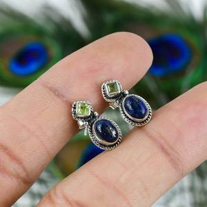 Natural Lapis Lazuli And Peridot Gemstone <b>Stud</b> <b>Earrings</b> 925 Sterling Silver Oval Shape Trendy Women's Jewelry for Wedding Party - Product Image 2