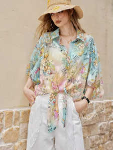 Blusa estampada de verano para mujer, camisa tejida holgada de manga larga con botones, top informal - Product Image 2