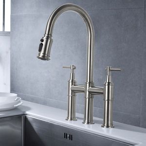 Rubinetto da Cucina Classico a Doppia Maniglia Estraibile in Acciaio Inox 304 Lucidato e Spazzolato e Ottone, con Installazione a Incasso - Product Image 3