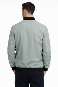Mens Sage Green Bomber <b>Jacket</b> Premium Lightweight Windproof Fabric <b>Smart</b> Casual and Streetwear Style Classic Ribbed Black Collar - Product Image 3