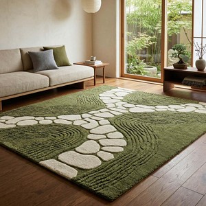 Tapis de salon moderne inspiré du jardin zen japonais, tissé à la main, doux, inspiré de la nature, vert, minimaliste, décoration intérieure - Product Image 6