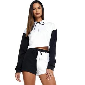 Custom Logo Winter Solid 100% Cotton Crop Top Hoodie Short <b>Set</b> <b>Women</b> Zipper Biker <b>2</b> <b>Piece</b> Jogger <b>Set</b> - Product Image 3