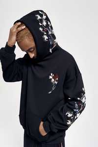 Sudadera con Capucha Negra para Hombre, Bordado Floral, Estilo Casual, Tejido de Algodón, Estilo Otoñal - Product Image 6