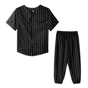 Unisex Black Striped <b>Baseball</b> Jersey Set Short Sleeve Button Front Elastic Waist Pants All Seasons Adult Wear - Product Image 3