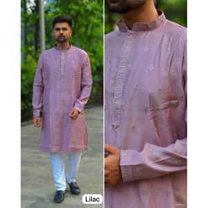 Kurta pyjama pour homme en soie de qualité supérieure avec broderie de designer (achkan bandhgala sherwani) rose - Product Image 1