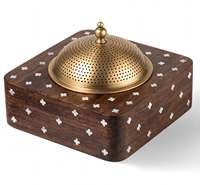 Brûleur à Bakhoor en Bois Fait Main avec Bordure Florale en Nacre, Couvercle en Laiton Jali, Porte-Encens au Charbon, Oudh Mabkhara, Décoration d'Intérieur