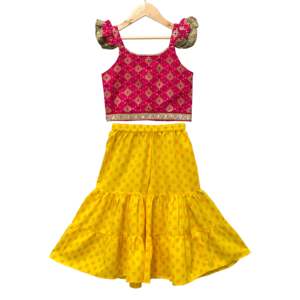 Ensemble Sharara pour filles en polyester orné, rose et jaune, sans manches, tenue ethnique de fête, vêtements indiens élégants pour les fêtes - Product Image 1