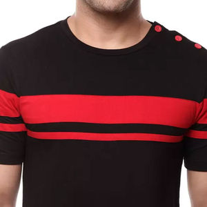 Camiseta de Manga Corta para Hombre, Cuello Redondo, Tejida, con Rayas Negras y Rojas, Corte Ajustado, Estilo Casual - Product Image 5