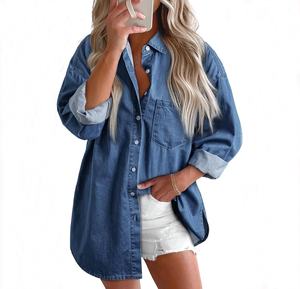 Nuevo diseño Vintage mujeres camisas de mezclilla botón blusa manga larga cuello en V Casual Top ecológico tela de alta calidad ligero - Product Image 6