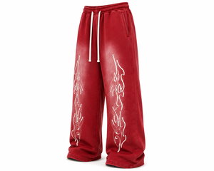 Red Men's Wide Leg Sweatpants <b>Elastic</b> <b>Waist</b> Drawstring Casual Pants Heat Transfer Flame Print Cotton Streetwear <b>Trousers</b> - Product Image 1