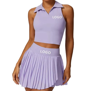 Ensemble sportif 2 pièces pour femme, lavande, haut court sans manches avec col rabattu et jupe plissée, tenue de sport printemps-été - Product Image 1