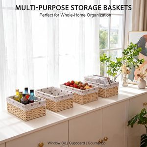 Vintage Paper Rope <b>Storage</b> <b>Baskets</b> Small <b>Rectangular</b> <b>Baskets</b> with Fabric Lining and Lace Trim for Home Bedroom Bathroom - Product Image 5