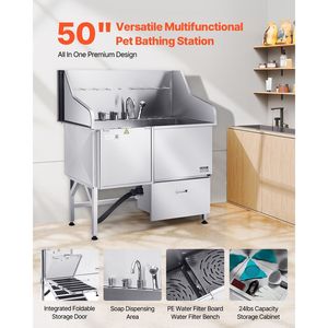 50-Inch Stainless Steel <b>Dog</b> Grooming Tub with Ramp Faucet Showerhead Soap Holder Convenient Pet Cleaning & <b>Bathing</b> Station - Product Image 2