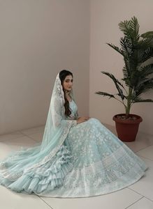 Embroidered <b>Net</b> Lehenga Choli for Women and Girls | Floral Thread Work Ethnic Wedding Outfit Ghagra Choli with <b>Dupatta</b> - Product Image 2
