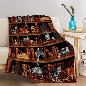 Couverture en flanelle vintage motif chat imprimé, design bibliothèque, cadeau pour bibliothécaire et amoureux des livres, plaid polaire pour lit, canapé ou fauteuil - Product Image 2