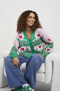 Cardigan en tricot jacquard pour femme, motif canne à sucre de Noël, col en V, boutonné, pull d'hiver pour les fêtes - Product Image 5