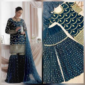 Conjunto de Salwar Kameez Azul Bordado con Dupatta de Organza, Corte Entallado Reversible, Traje para Bodas y Fiestas Indias y Pakistaníes - Product Image 2