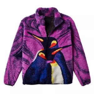 Veste polaire pour homme à col zippé, couleur violette, hiver, sherpa, confortable, chaude, imprimé animal pingouin, pull - Product Image 1