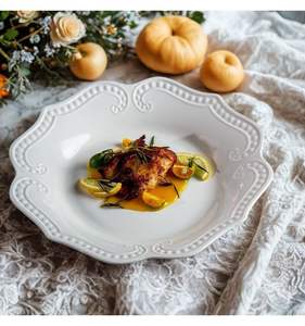 Assiette en céramique à motif rocheux double bordure perlée, durable et écologique, compatible micro-ondes et anti-fuite - Product Image 1