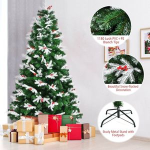 Albero di Natale Innevato con Punte Miste e Bacche Rosse, Design con Cerniere, Non Illuminato - Product Image 1
