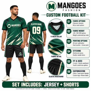 Conjunto de Camiseta de Fútbol Unisex Personalizada, Cuello en V, Manga Corta, Verde y Negro, Estampado Geométrico, Secado Rápido, Absorbe la Humedad, 100% Poliéster - Product Image 6
