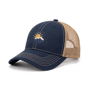Gorra de béisbol trucker de malla azul marino con logo de sol y nube bordado personalizado premium, de 6 paneles, con cierre snapback, para hombres y mujeres, para exteriores. - Product Image 2