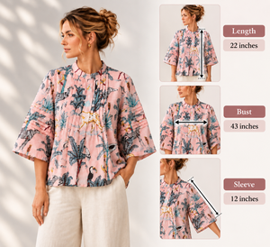 Hand Block Print Cotton Safari Top | Pink Boho Artisan <b>Summer</b> <b>Tunic</b> - Product Image 6