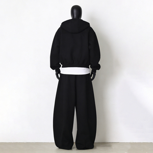 <b>Men's</b> Black Hooded <b>Pullover</b> Tracksuit Full-Length Zipper-Up Regular Fit 100% Cotton Heavyweight 400g Fabric Anti-Shrink Casual - Product Image 4