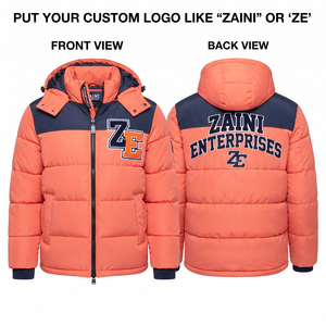 Premium 280 GSM Polyester Pongee Hooded Puffer <b>Jacket</b> <b>Coral</b> Navy Quilted Panels Warm Insulated Custom Tackle Twill Logo - Product Image 1
