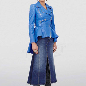 Women's Blue Leather Moto Jacket With <b>Zipper</b> And Peplum Hem Regular Length Full Sleeve Spread Collar Autumn Style - Product Image 5