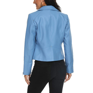 Veste moto en similicuir bleu clair pour femme avec fermeture éclair, col rabattu, manches longues, vêtement d'extérieur décontracté - Product Image 4