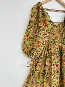 Green Floral 3/4th Sleeve Shirred Bodice Pure Cotton Maxi <b>Dress</b> Flowy Hem Comfy Fit <b>Boho</b> <b>Summer</b> Wear Women Garden Party Outfit - Product Image 3