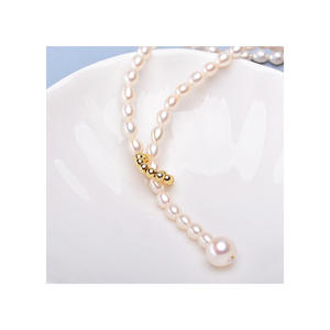 Collier de perles d'eau douce en forme de riz de 4-5 mm, presque sans défaut, chaîne en Y, lumière intense, réglable - Product Image 4