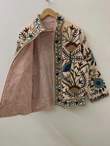 Chaqueta de Algodón con Bordado Floral Bohemio, Cuello Mandarín, Manga Larga, Cierre de Cremallera, Ropa Exterior Informal de Otoño para Mujer Adulta - Product Image 3