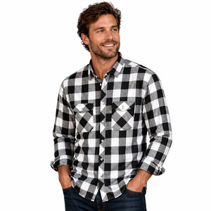 Camisa de Franela a Cuadros Blanca y Negra para Hombre, Camisa Casual de Manga Larga con Botones, Camisa a Cuadros de Algodón, Corte Ajustado, Moda Urbana - Product Image 1