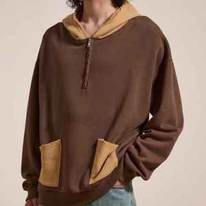 Oversized Men's Hooded Sweatshirt <b>Brown</b> With Tan Pockets Regular Sleeve French Terry 100% Cotton Autumn Wear - Product Image 1
