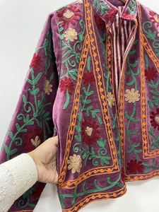 Hand Embroidered Suzani Velvet Bomber Jacket Stand Collar Full Sleeve Floral Pattern All Seasons Women's Wool Blend - Product Image 3