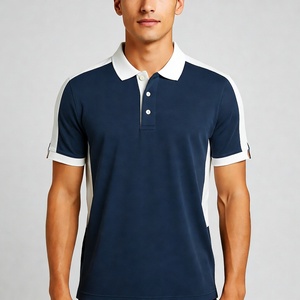 Men's Blue Short Sleeve Polo Shirt With <b>White</b> Color Block Design Breathable Pique Cotton Casual Style Regular Fit - Product Image 1