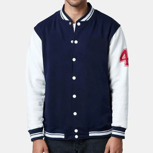 <b>Men</b> Varsity <b>Jacket</b> Navy <b>White</b> Sleeve Number 41 Print Preppy Style Regular Fit Button Front Cotton Polyester Blend Autumn Wear - Product Image 2