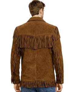 Men's Brown <b>Suede</b> Fringe <b>Leather</b> <b>Jacket</b> Turn-down Collar Casual Autumn Style Regular Fit Single Breasted - Product Image 3