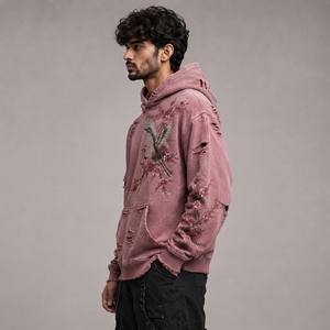 Premium Comfortable Oversized <b>Pullover</b> Design Vintage Washed Distressed Finish With Embroidery <b>Men</b> Distressed Embroidery Hoodies - Product Image 3