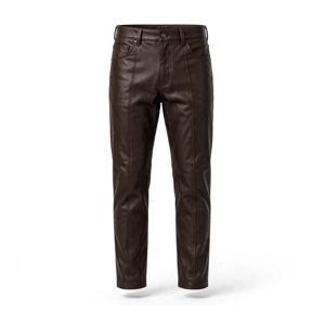 Pantalon en cuir PU marron pour homme, taille haute, coupe droite, décontracté, poids moyen, style automne, fermeture boutonnée, poches latérales - Product Image 1