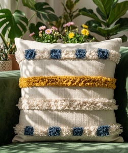 Housse de coussin anti-acariens en coton, motif géométrique abstrait indien fait main, blanc et bleu, style bohème, avec fermeture éclair, pour la maison et les chambres d'hôtel - Product Image 1