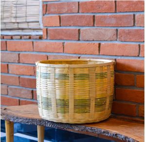 Eco-Friendly Luxury Low Wide Woven Storage <b>Basket</b> Bowl Decorative Pattern Alternating Natural Tan Dyed Green <b>Bamboo</b> Reed Strips - Product Image 5