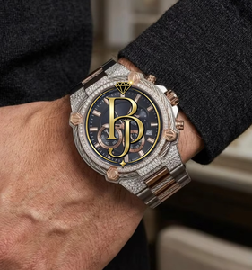 Montre-bracelet analogique en acier inoxydable Briva Luxury Eco-Friendly Quartz avec accents or rose foncé, chronographe, sous-cadrans et lunette scintillante - Product Image 5