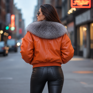 Chaqueta Bomber de Cuero Genuino para Mujer con Cierre de Cremallera, Cuello de Piel de Zorro Desmontable, Abrigo de Lujo para el Invierno - Product Image 5