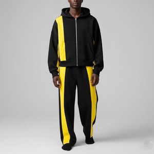 Premium Black Yellow Color Block Printed Zip up Hoodie and Wide Leg <b>Sweatpants</b> <b>Set</b> 2 in 1 Custom Streetwear Tracksuit for Men - Product Image 1